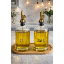 Bambu Stantlı 2'li Gold Başlıklı Şeffaf Cam Yağdanlık Seti 500 ML+500 ml Oliva Glass