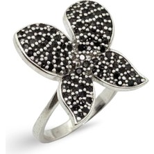 Oya Silver Siyah Zirkon Taşlı Iri Kelebek Kadın Gümüş Yüzük [OYSY121]