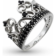 Oya Silver Siyah Zirkon Taşlı Kraliçe Tacı Gümüş Yüzük [OYSY125]
