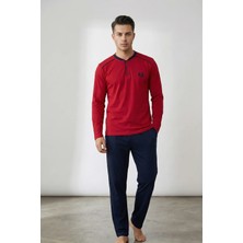 EQru Premium Süprem Penye Henley Yaka Bordo Lacivert Erkek Pijama Takımı