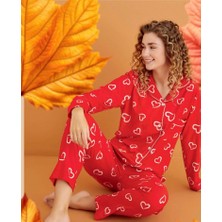 Süet Kumaş Uzun Kollu Kalp Desenli Kadın Pijama Takım