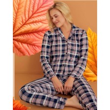 Süet Kumaş Uzun Kollu Ekose Desenli Kadın Pijama Takım