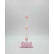 Yo&Ma Dekoratif Fiyonk Detaylı Pembe Şamdan Mum & Beyaz Şamdanlık Seti