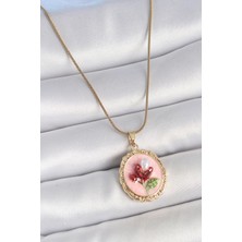 Ayder Timya 316L Çelik Gold Renk Zincir Pembe Mineli Incili Çiçek Işlemeli Portre Model Kadın Kolye - TJ-BKO10155 TG/TMYA1395 221298