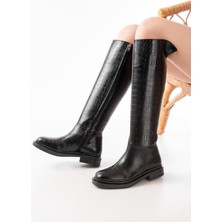 Arda Bayan ÇIZME2024-3007 Siyah Kroko Fermuarlı Günlük Kadın Çizme