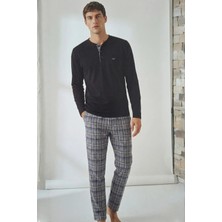 EQru Premium Süprem Penye Henley Yaka Gri Lacivert Erkek Pijama Takımı