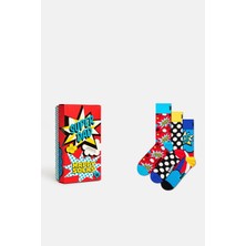 Happy Socks - Erkek Çok Renkli Süper Baba Temalı Pamuklu 3’lü Çorap Seti