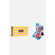 Happy Socks - Çok Renkli Kare ve Çizgi Desenli Pamuklu 3’lü Çorap Seti