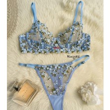 RUYAZ Mavi Çiçek Nakışlı Tül Transparan Sütyen Külot Takım (Sütyen Tanga)