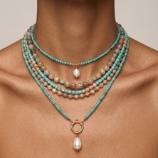 THEIA GemWorks Helira  — Turkuaz, Güneş Taşı, Hematit & İnci Kolye Seti