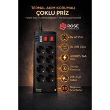 Rose Teknoloji Termal Akım Korumalı 8 Priz 3 USB Girişli 4000W/16A 2 Metre Uzatma Kablolu Priz
