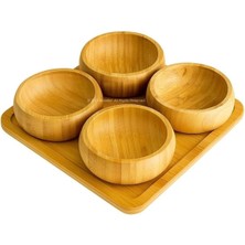 Busstier Doğal Bambu 4’lü Yuvarlak Çerezlik Seti Ahşap Sunum Tabağı Kuruyemiş Sos Servis Kasesi