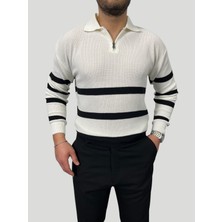 Havanna Elit Çizgili Polo Yaka Triko Kazak - Beyaz