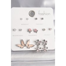 Ayder Timya Pirinç Gümüş Renk Zirkon Taşlı Sallantı Çiçek Mineli Kelebek Figür Inci Detay 7 Çift Kadın Küpe Seti - TJ-BKP10138 TG/TMYA1395 219604