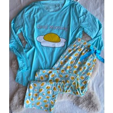 Deniz Home Wear Pamuk Penye Uzun Kollu Yumurta Desenli Kadın Pijama Takımı