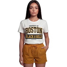 Color Luxe ''boston Black & Gold'' Yazılı Sportif Baskılı %100 Pamuk Rahat Kesim Premium Kadın Tişört
