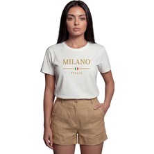 Color Luxe ''milano Italia'' Gold Yazılı Minimalist Baskılı %100 Pamuk Rahat Kesim Premium Kadın Tişört