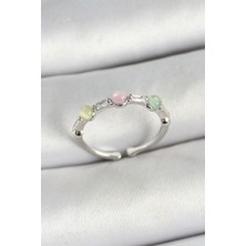 LaraTech Pirinç Sıralı Boncuk Figürlü Zirkon Taşlı Gümüş Renk Ayarlanabilir Kadın Yüzük