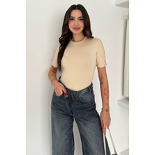 Noa Noa Kadın Taş Detaylı Kısa Kollu T-Shirt – Beige Spark