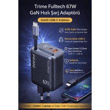 Gunkes Fulltech FC57 67W Gan Dijital Göstergeli  Hızlı Şarj Adaptörü | Dahili Retractable Usb-C Kablo + Usb-A Çıkışı | Telefon, Tablet ve Laptop Uyumlu