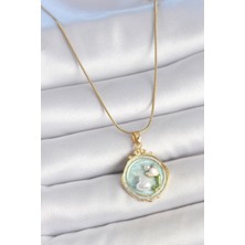 Ayder Timya 316L Çelik Gold Renk Zincir Turkuaz Mineli İncili Çiçek İşlemeli Portre Model Kadın Kolye - TJ-BKO10150 TG/Tmya1395 221293