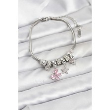 Tegan Pirinç Gümüş Renk Pembe Kelebek Charmlı Kadın Bileklik TG27BB8204