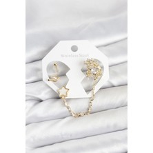 Tegan Pirinç Gold Renk Yıldız Model Zincir Bağlantılı Ear Cuff Küpe Seti TG27BKP11538