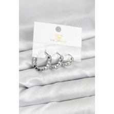 Tegan Pirinç Gümüş Renk Zirkon Taşlı Petek Halka Model Ysx Trio Küpe Seti TG27BKP11567
