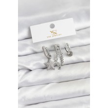 Tegan Pirinç Gümüş Renk Zirkon Taşlı Yıldız Vintage Model Ysx Trio Küpe Seti TG27BKP11563