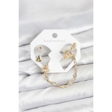 Tegan Pirinç Gold Renk Yıldızlı Model Zincir Bağlantılı Ear Cuff Küpe Seti TG27BKP11540