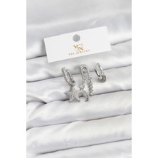 LaraTech Pirinç Gümüş Renk Zirkon Taşlı Yıldız Vintage Model Ysx Trio Küpe Seti
