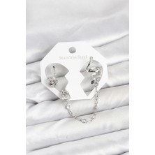 LaraTech Pirinç Gümüş Renk Yılan Model Zincir Bağlantılı Ear Cuff Küpe Seti
