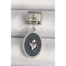 Ayder Timya 316L Çelik Gümüş Renk Çiçek İşlemeli Siyah Portre Model Nomination Charm - TJ-BC1215 TG/Tmya1395 220723