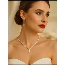 Shopidik Zirkon Taşlı Su Yolu Gelin Kolyesi ve Küpe Düğün Seti