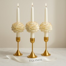 Equinox Mum (3’lü) Gold Şakayık Detaylı Beyaz Şamdan Mum – El Yapımı Dekoratif