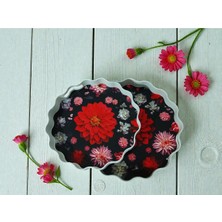 2 Li Papatya Kırmızı Çiçekli Tepsi Siyah Kahve Tepsisi