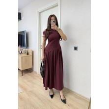 Mevese Asimetrik Düşük Yaka Kolsuz Uzun Elbise - Bordo