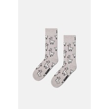 Happy Socks - Erkek Gri Lama Desenli Pamuklu Çorap