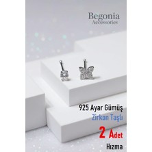 Begonia Accessories 925 Ayar Gümüş Zirkon Taşlı, Tek Taş ve Kelebek Figürlü 2 Adet Hızma Set, Küpe Olarak Kullanıma Uygundur