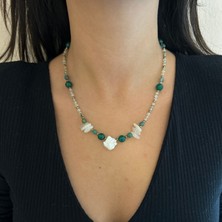 Suerte Accessories Kuvars  Yeşim ve Hematit Doğal Taş Barok Inci Uçlu El Yapımı Kadın Minimal Doğaltaş Kolye