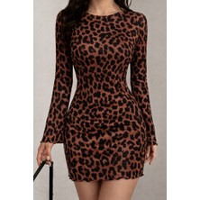 Nidam Butik Kadın Uzun Kollu Bisiklet Yaka Leopar Desenli Dalgıç Mini Elbise