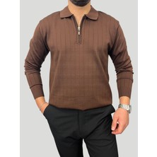 Havanna Premium Kalite Yakalı Fermuarlı Triko Kazak - Kahverengi