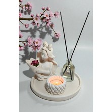 Besagu Home Dekoratif Vazo Seti - Buket Kız Vazo+Çiçek Kokulu Oda Kokusu+Tealight Mumluk ve Mum+Yuvarlak Tepsi