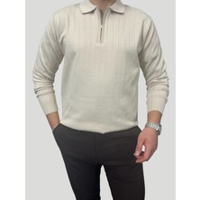 Havanna Premium Kalite Yakalı Fermuarlı Triko Kazak - Krem