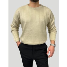 Havanna Erkek Oversize Çizgili Triko Bisiklet Yaka Kazak - Krem