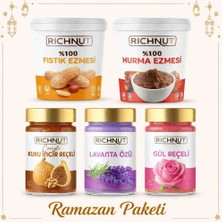 Richnut Ramazan Paketi ( 1 kg Fıstık Ezmesi, 1 kg Hurma Ezmesi, Lavanta Özü, Gül Reçeli ve  Kuru Incir Reçeli)