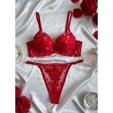 RUYAZ Kırmızı Kalp Desen Dolgulu Sütyen Külot Takım İç Çamaşır Takım