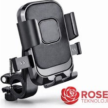 Rose Teknoloji Motosiklet ve Bisiklet Uyumlu Gidon Bağlantılı Otomatik Kilitli Telefon Tutucu