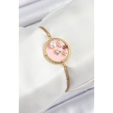 Ayder Timya 316L Çelik Zincir Pembe Mineli Sanatsal Portre Inci Detaylı Çiçek Model Gold Renk Kadın Bileklik - TJ-BB7229 TG/TMYA1395 222607