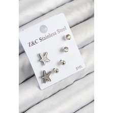 LaraTech 316L Çelik Zirkon Taşlı Deniz Yıldızı Model Gümüş Renk Kadın Set Küpe